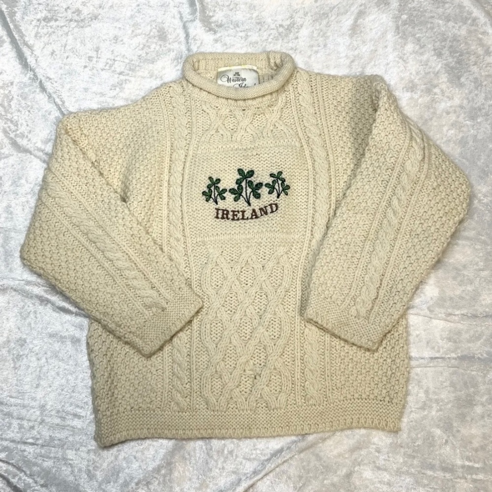 Vtg Western Island Sweater Company Ireland Ivory Wool Sweater Child Age 6/7 Yrs